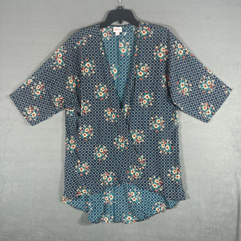 LuLaRoe Womens Top Size S Teal Blue Floral Geometric Relaxed Short Sleeve Kimono